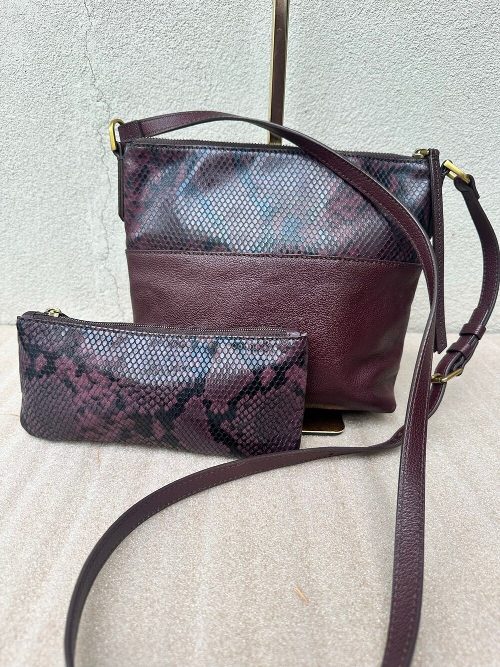 Fossil Amelia Burgundy Leather Snake Print Crossbody Bag Sofia Pouch Set